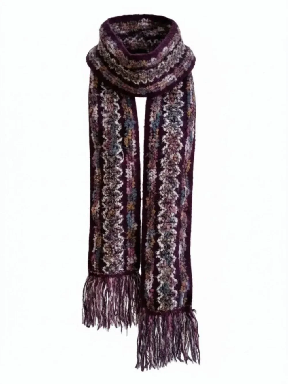 Wool Blend Purple Multi-Color Scarf with Fringe Detail
